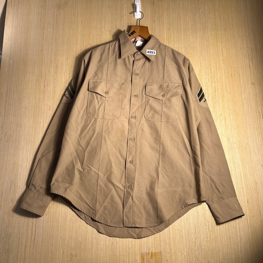 Vintage Creighton USMC Uniform Shirt 16.5X30 Tan Button Up Marine Corps Patches